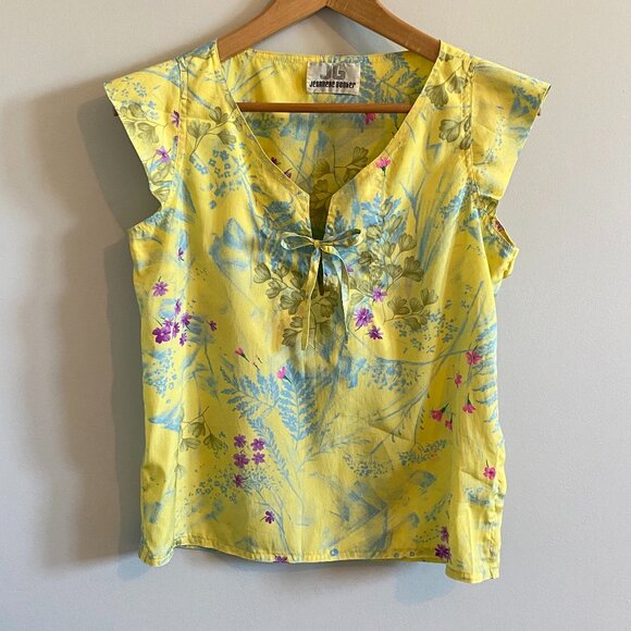 Vintage 80s Short-sleeve Floral Blouse Yellow Summer Top - Picture 1 of 14